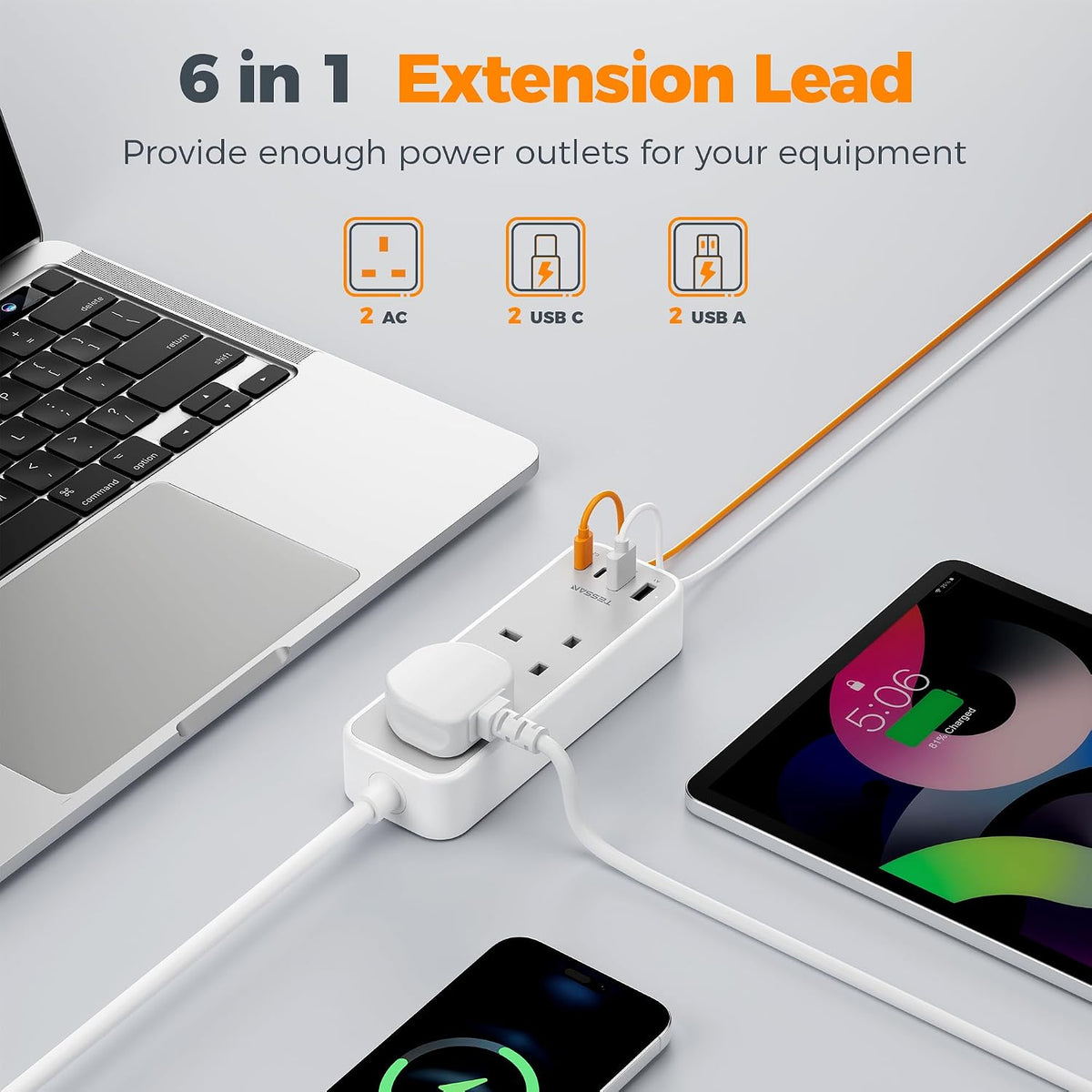 TESSAN 1.5M Extension Lead with PD 20W USB C Charger (4 USB Slots)