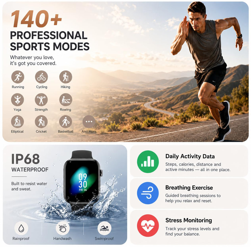 Smart Watch for Men Women Answer/Make Call, 1.85" Smartwatch, Fitness Watch with Heart Rate Blood Pressure Sleep Monitor,IP68 Waterproof Step Counter Watch Compatible Android IOS black