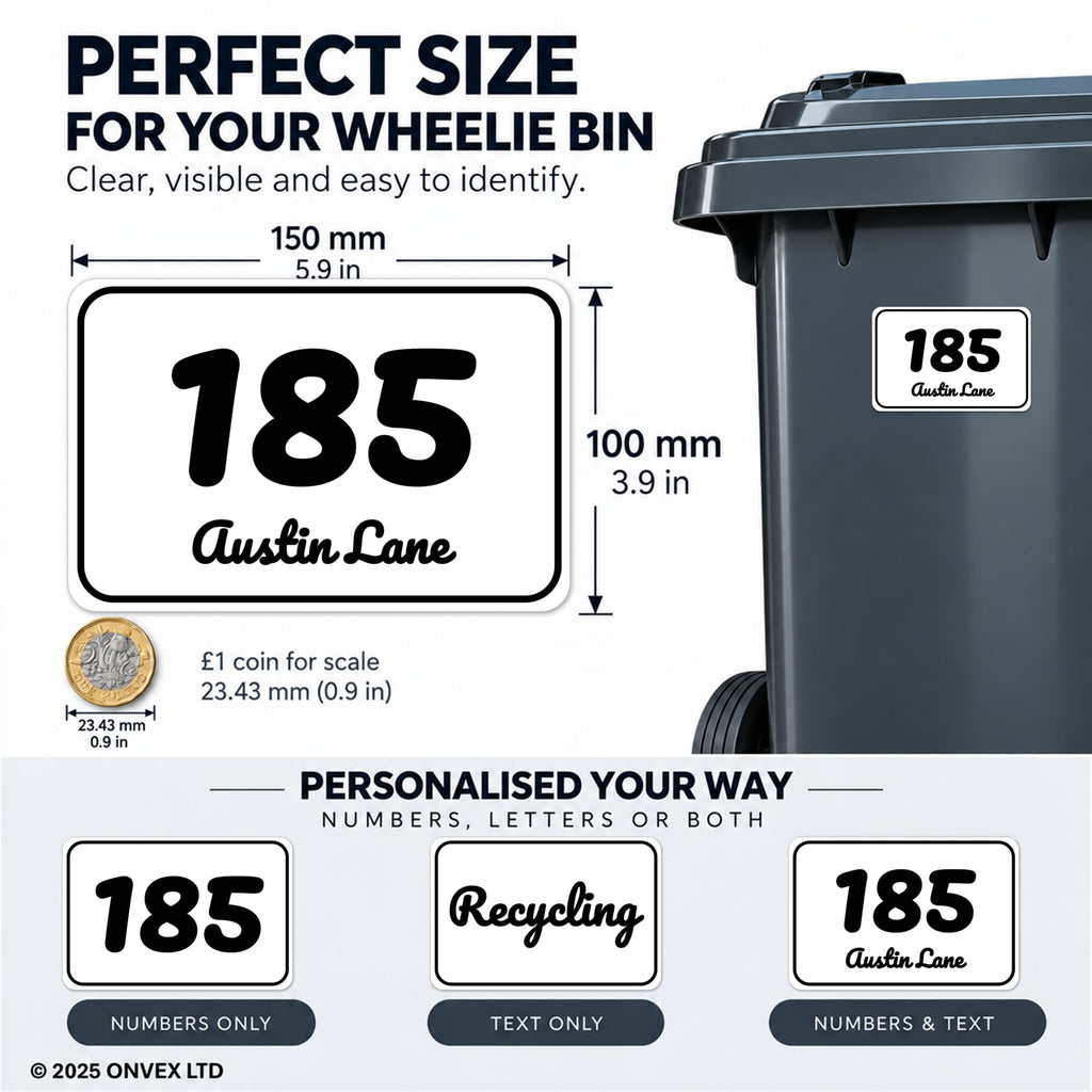 Set of 4 Personalised Wheelie Bin Stickers, Custom Bin Number Stickers with House Number and Street Name, Waterproof Labels for Rubbish and Recycling Bins, Easy Apply, 100 x 150mm (Style - Classic)
