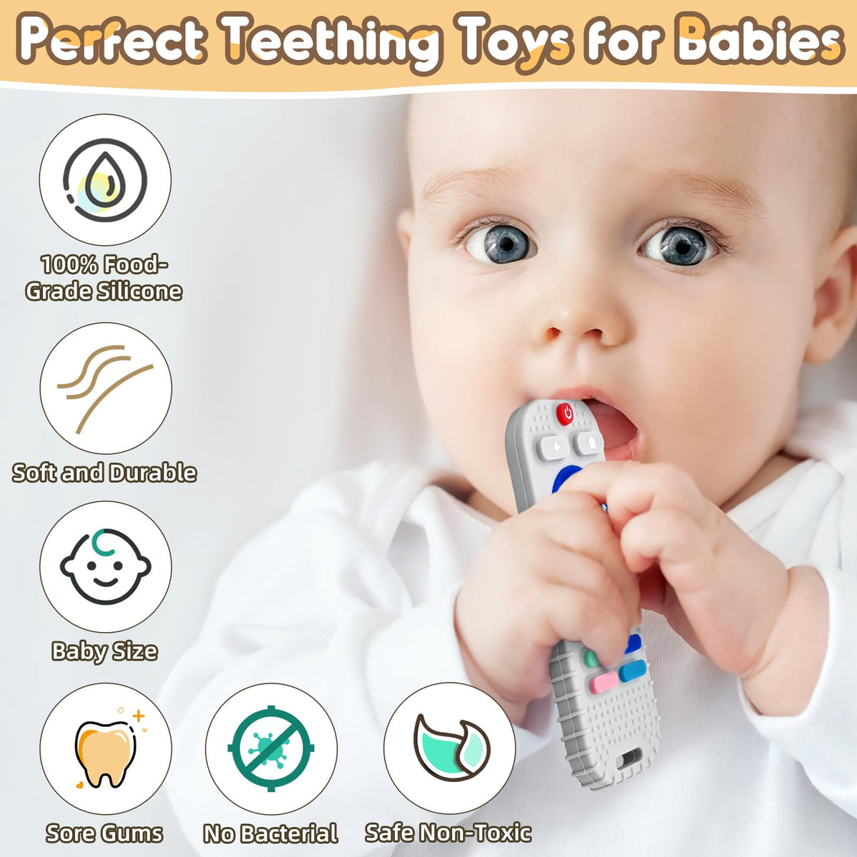 Teething Relief Teethers Toys for Babies 3-6 12 Months Gifts, Silicone Remote Control Baby Teether Bath Toys for 3 6 9 Months Newborn Infant Boy Girl Autism, Food Grade Silicone Sensory Toys, Black