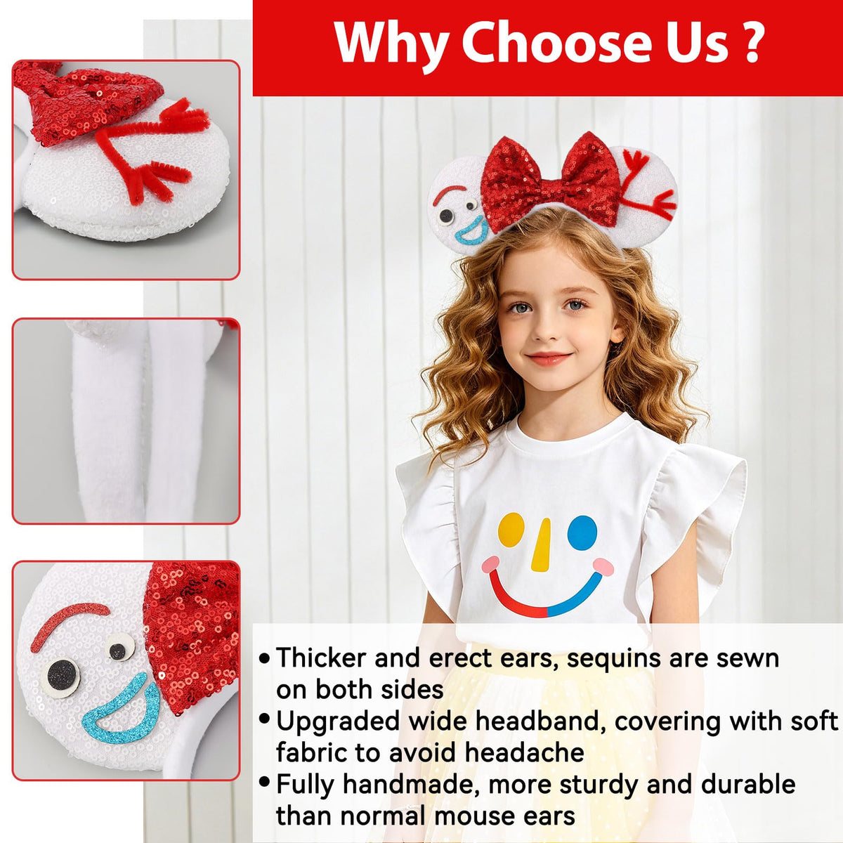 UNSPAZ Mouse Ears Headbands, Sequin Mouse Ears for Women Girls Boys, Shiny Bow Headband for Cosplay Costume Party Decorations Hair Accessories (Polka Dots)