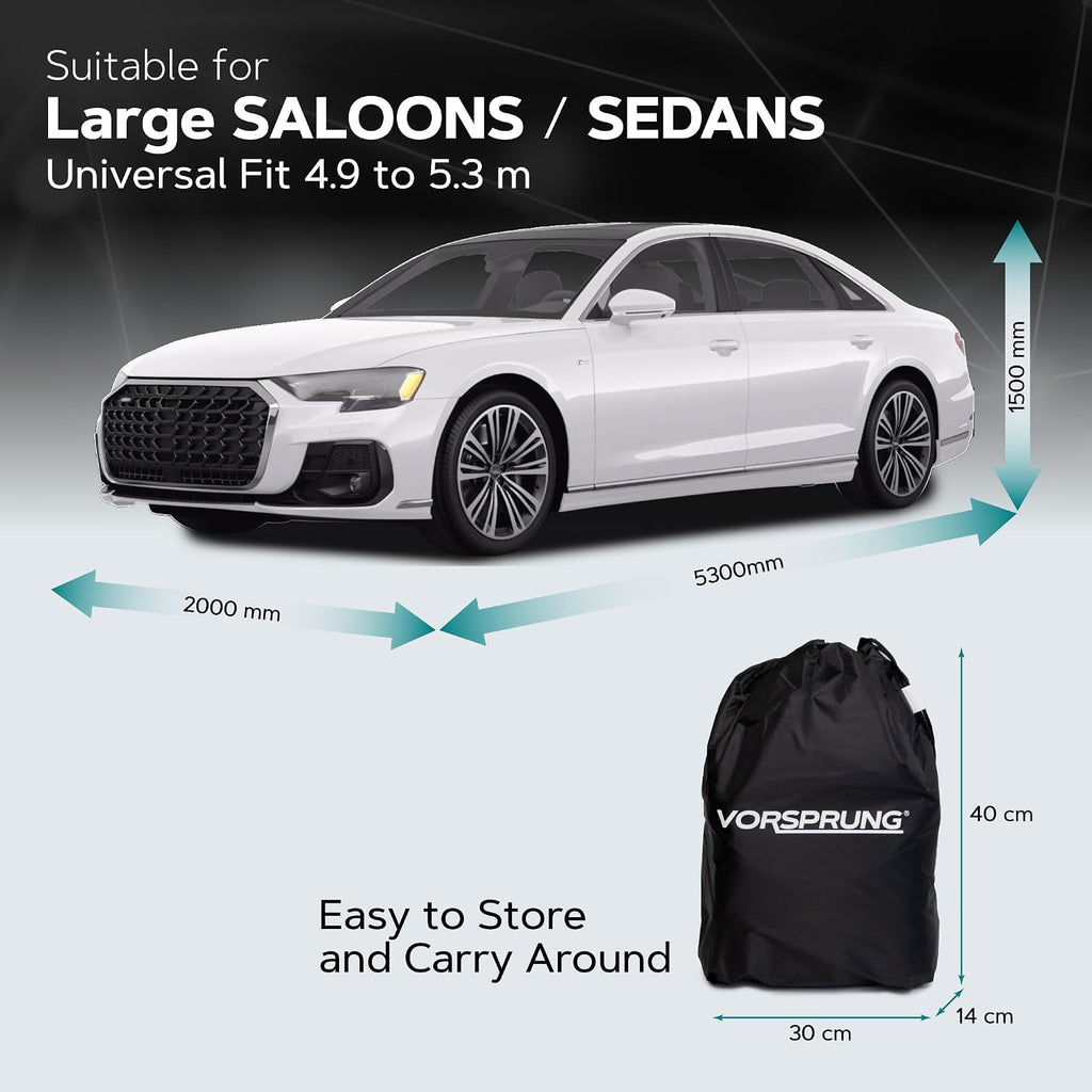 VORSPRUNG® Universal Car Cover(4 Sizes)| Driver Side Zip | Waterproof All Weather| Snow/Sun/Wind Proof |UV Protection Outdoor | Full Fitted |Length 487-530cm | Large Saloons, Executive & Estate Cars