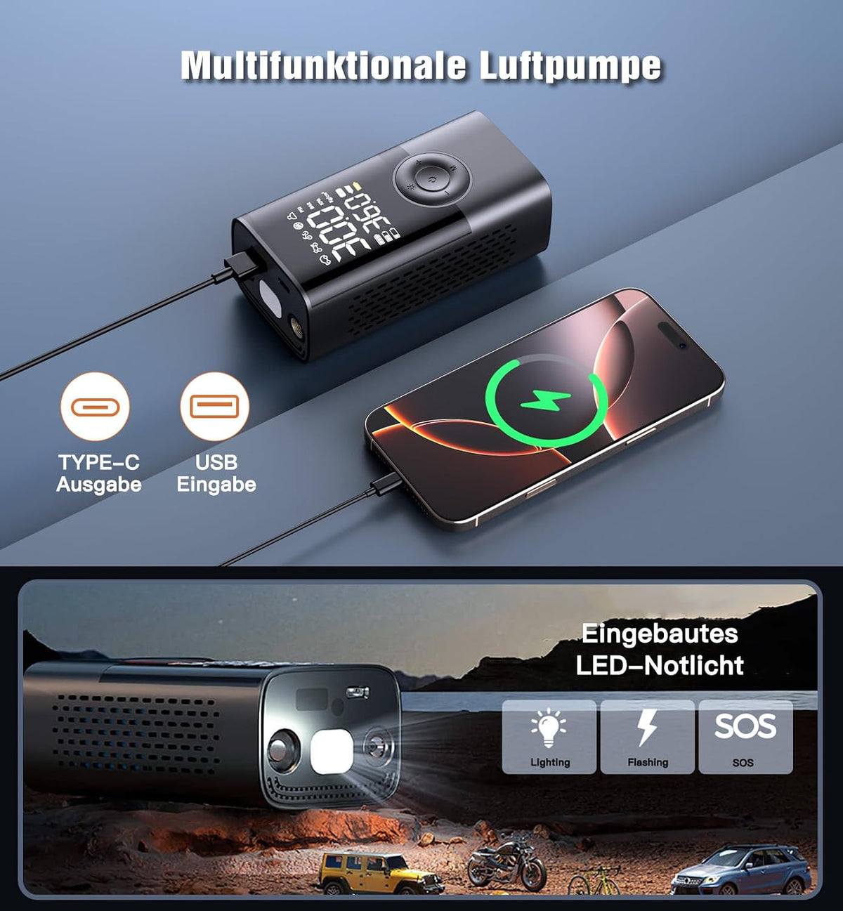 Tyre Inflator Air Compressor 150PSI Portable Car Cordless rechargeable Tyre Pump With Pressure Gauge,12V DC Electric Car Air Pump Auto Shutoff with LED Light for Car Motorcycle Bicycle Ball