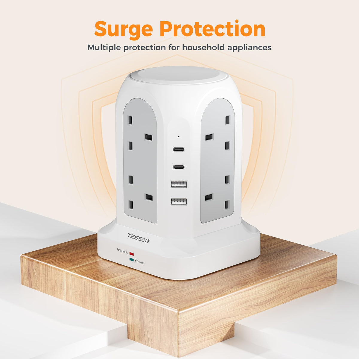 TESSAN 8 Way Black Tower Extension Lead 2M with 4 USB Slots (2 USB C)