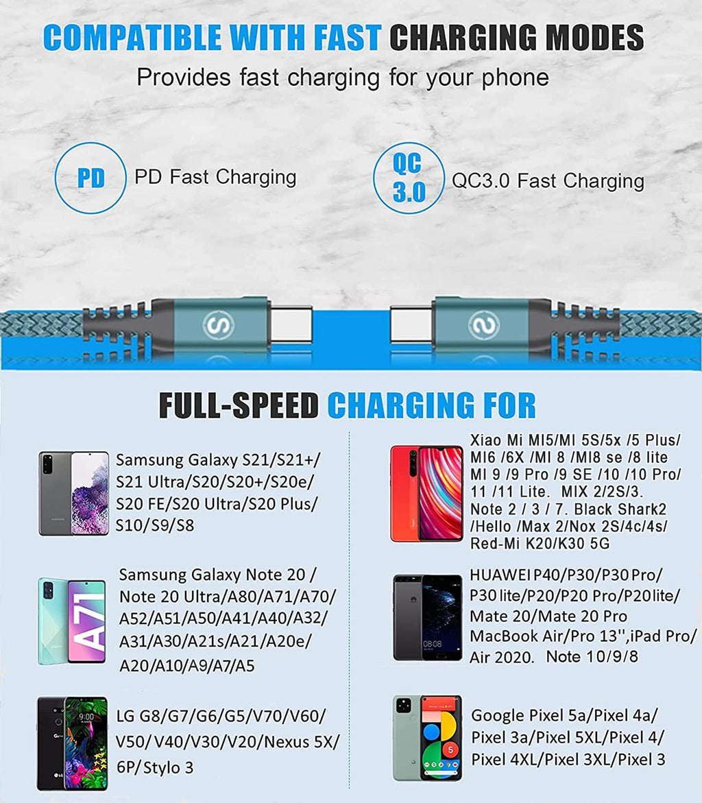 2-Pack 3m 60W USB C to USB C Charger Cable, PD Type C Super Fast Charging for iPhone 16 15 MacBook iPad Pro, Samsung Flip Fold 7 6 5 S25 S24 S23 Ultra, Steam Deck, Nintendo Switch etc