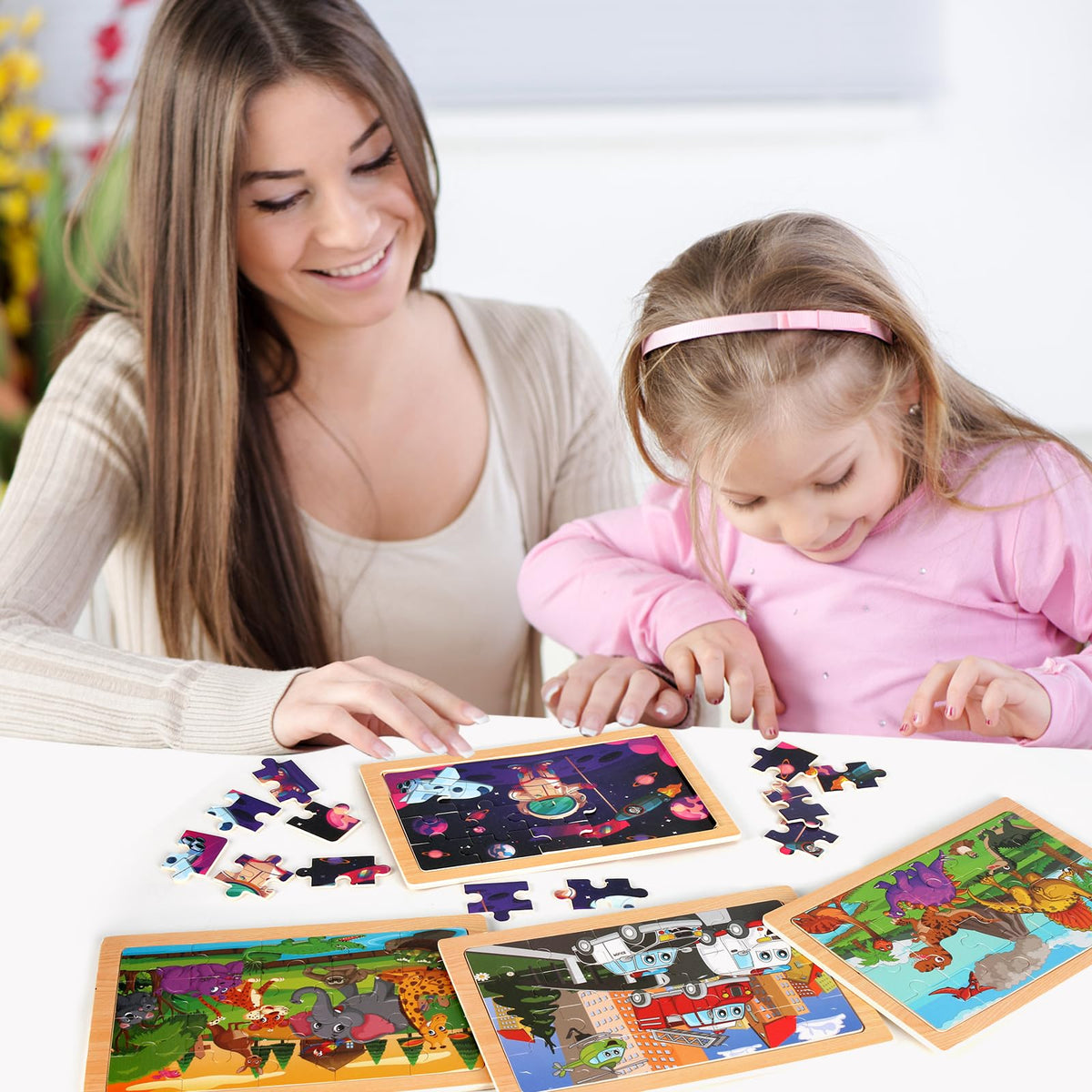 Wooden Puzzles Dinosaur Toys for Kids Ages 3-5, Set of 4 Packs with 20-Piece Wood Jigsaw Puzzles, Preschool Educational Brain Teaser Boards for Boys and Girls 3 4 5 6 Years Old