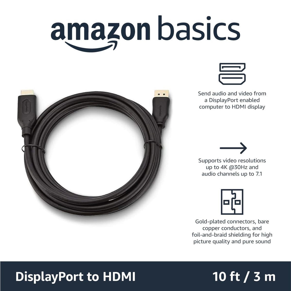 Amazon Basics DisplayPort to HDMI Cable, Uni-Directional, 0.9 m, Black