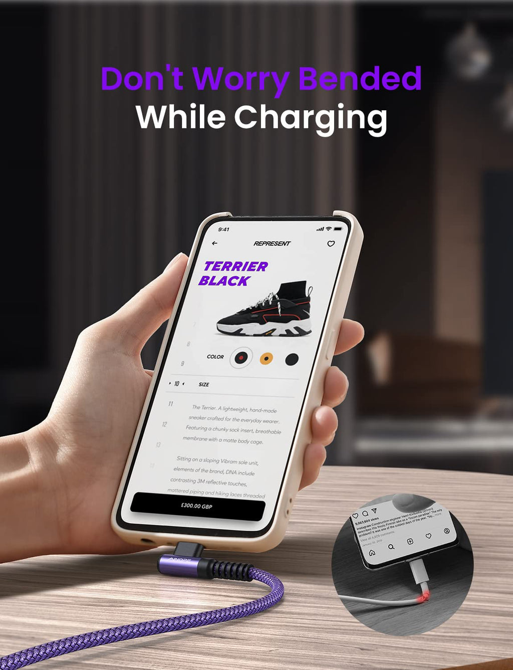 AINOPE 2-Pack 0.5ft USB C Cable, 3.1A Fast Charging, Right Angle, Durable Nylon Braided, Compatible with Galaxy S22 S21 Plus S20, Note 10 9 LG, Type C Charger