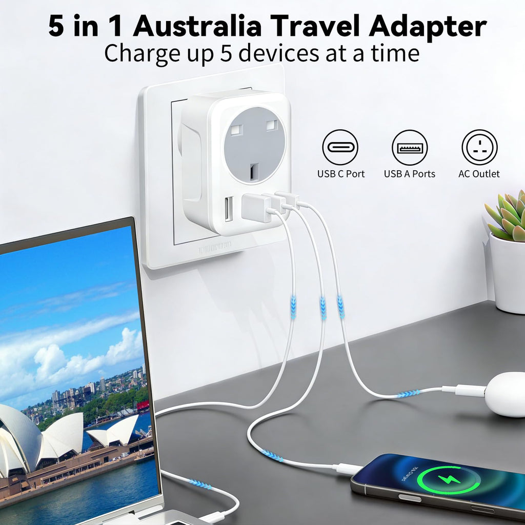UK To European Plug Adapter,5 IN 1 European Travel Adaptor with 2 USB C & 2 USB A,Grounded EU Plug Adapter for Germany Spain France Turkey Greece etc (Type E/F)