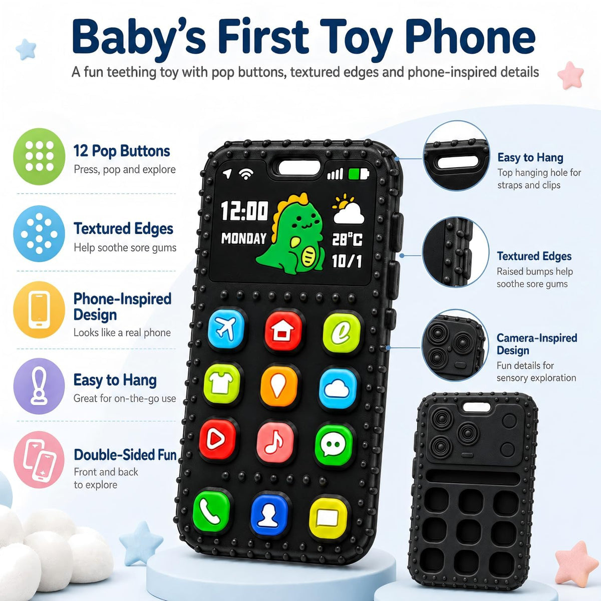 Teething Relief Teethers Toys for Babies 3-6 12 Months Gifts, Silicone Remote Control Baby Teether Bath Toys for 3 6 9 Months Newborn Infant Boy Girl Autism, Food Grade Silicone Sensory Toys, Black