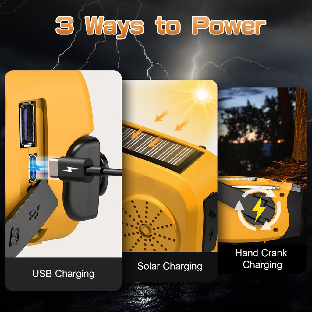 Wind Up Radio, Solar Emergency Radio, Portable Hand Crank Radio, AM/FM Radio with LED Torch, 2000mAh Rechargeable Power Bank, SOS Alarm, USB Phone Charger, Emergency for Camping Hiking (Light Orange)
