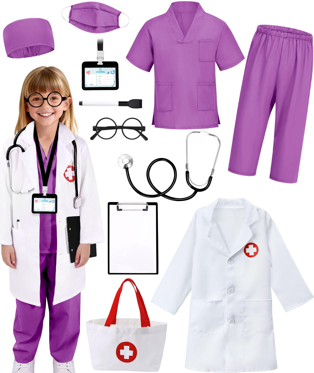 12 PCS Doctor Costume for Kids,Scrubs Nurse Costume for Girls Boys