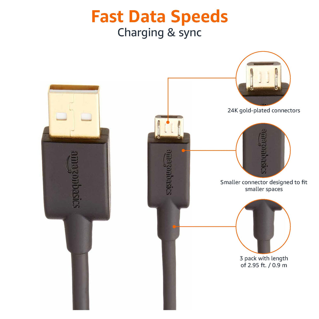 Amazon Basics 5-Pack Micro USB Cable, USB 2.0, 3 m, Black