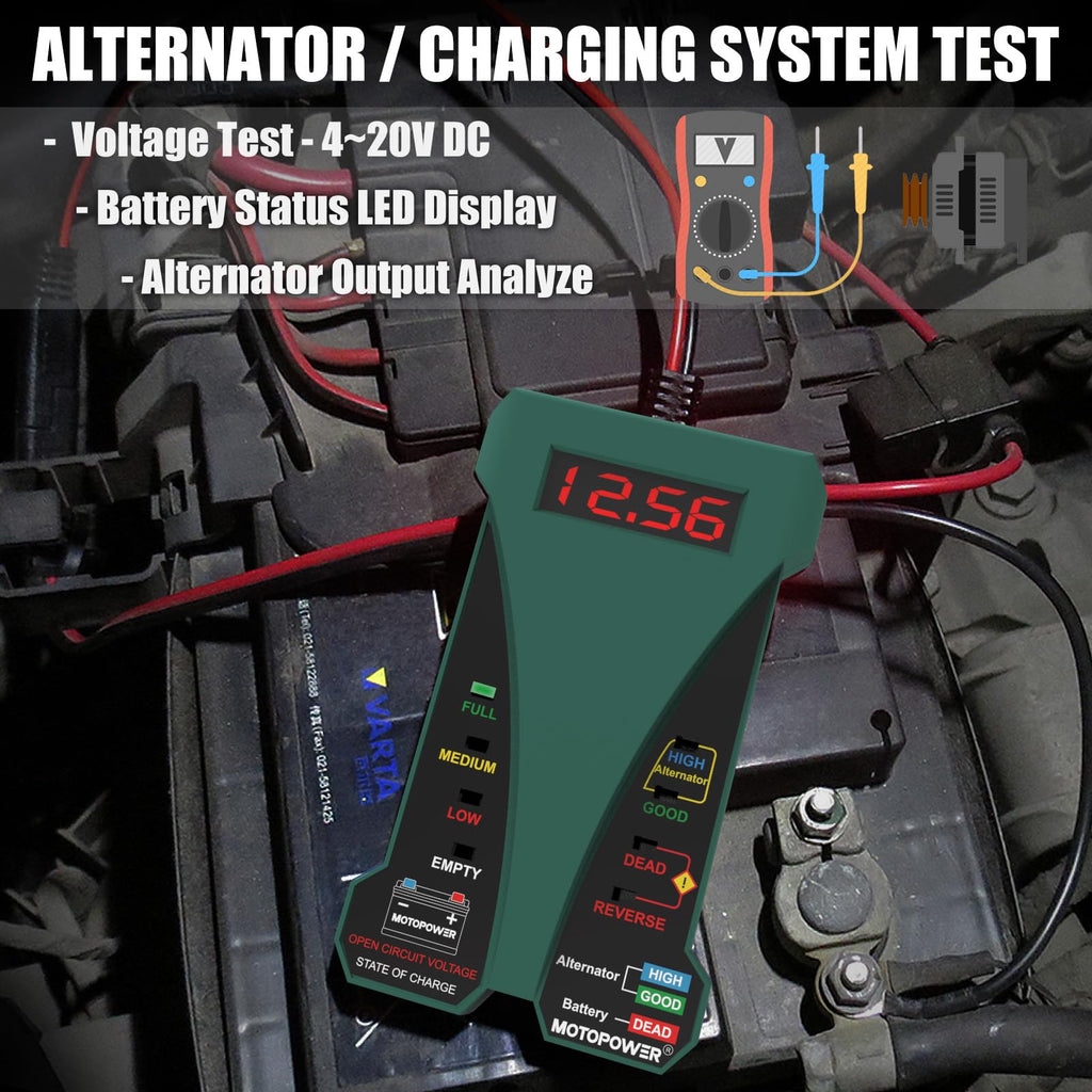 MOTOPOWER MP0514D 12V Digital Battery Tester Voltmeter and Alternator Charging System Analyzer with LCD Display and LED Indication, Orange Rubber Paint