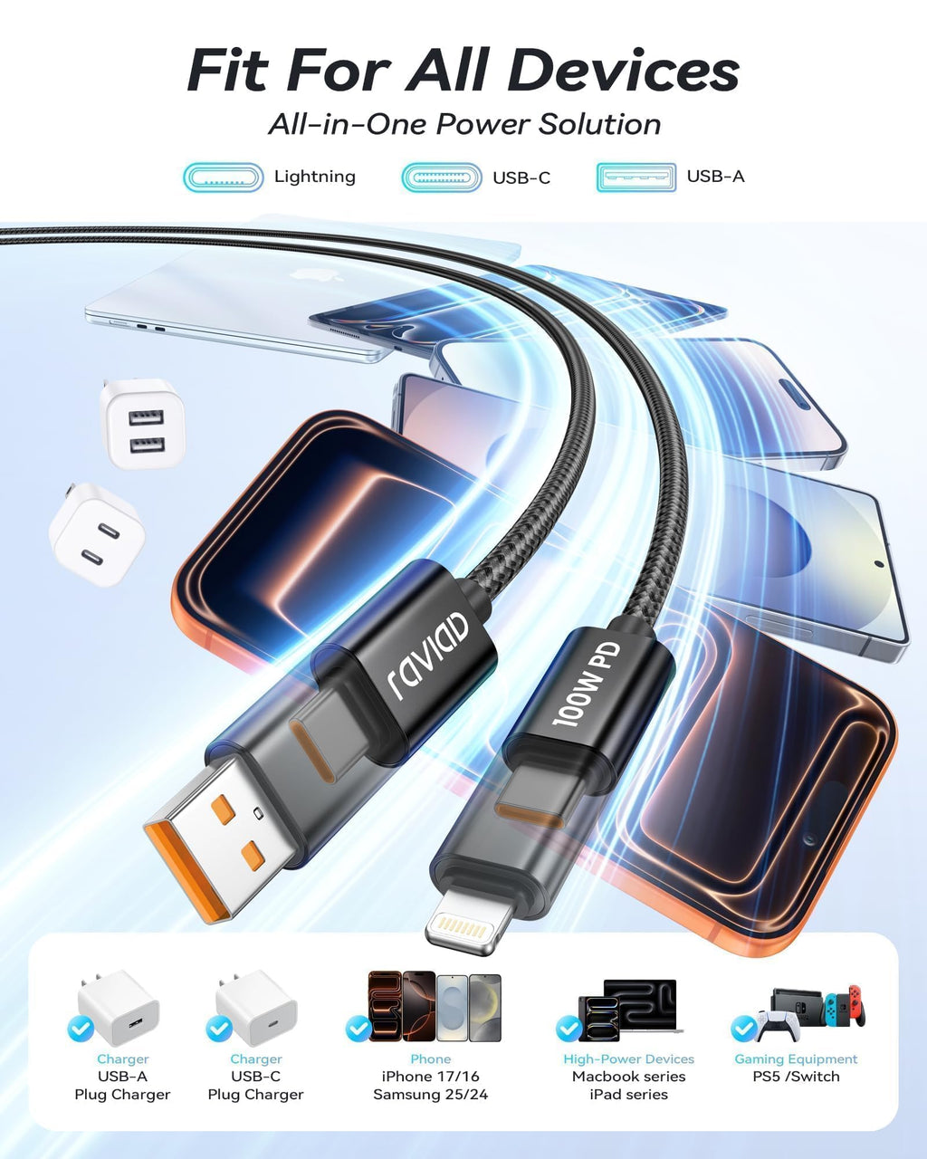 RAVIAD Multi Charger Cable, 3 in 1 Charger Cable 3A USB Fast Charging Cord