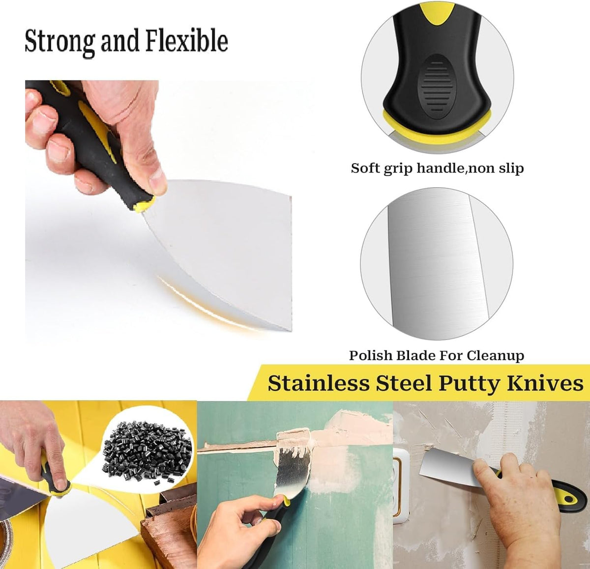 suokoun Paint Wallpaper Scraper Set, 2'', 4'', 6'', 8'' Stainless Steel Paint Scraper Set with Soft Handle, Plastering Tools for Drywall(4 Pack)
