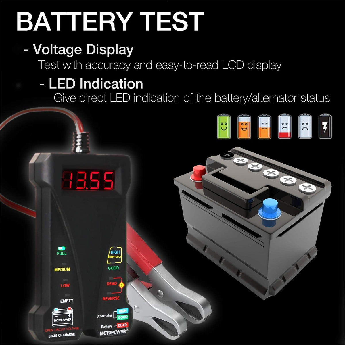MOTOPOWER MP0514D 12V Digital Battery Tester Voltmeter and Alternator Charging System Analyzer with LCD Display and LED Indication, Orange Rubber Paint