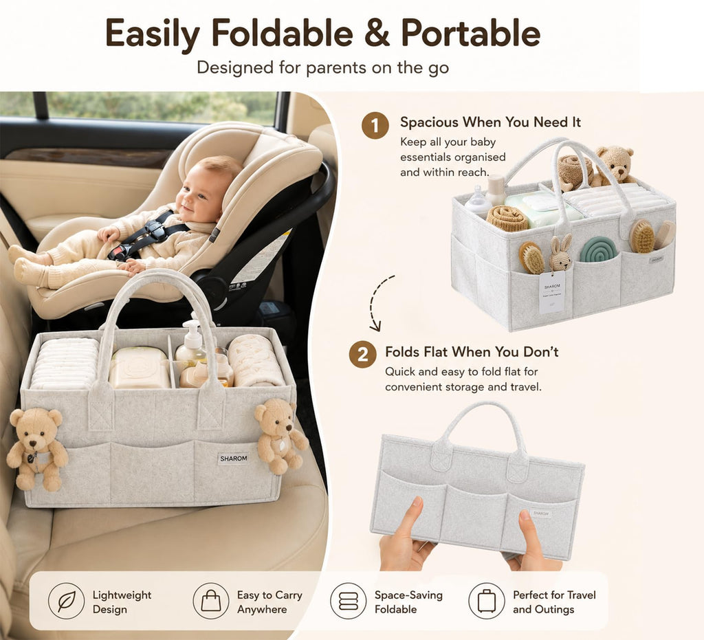 Essential Baby Caddy for Newborns. Spacious, Sturdy & Portable Diaper and Nappy Caddy for Newborn Essentials, Nursery Storage Basket & Organiser for Baby Shower Gifts & Registry Must-Haves Grey