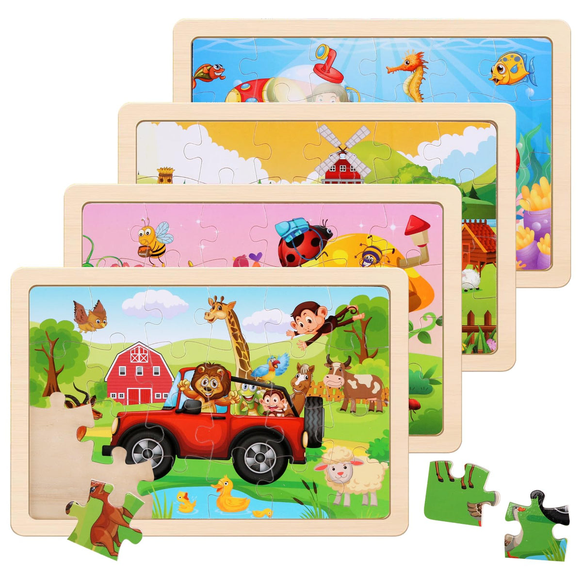 Wooden Puzzles Dinosaur Toys for Kids Ages 3-5, Set of 4 Packs with 20-Piece Wood Jigsaw Puzzles, Preschool Educational Brain Teaser Boards for Boys and Girls 3 4 5 6 Years Old
