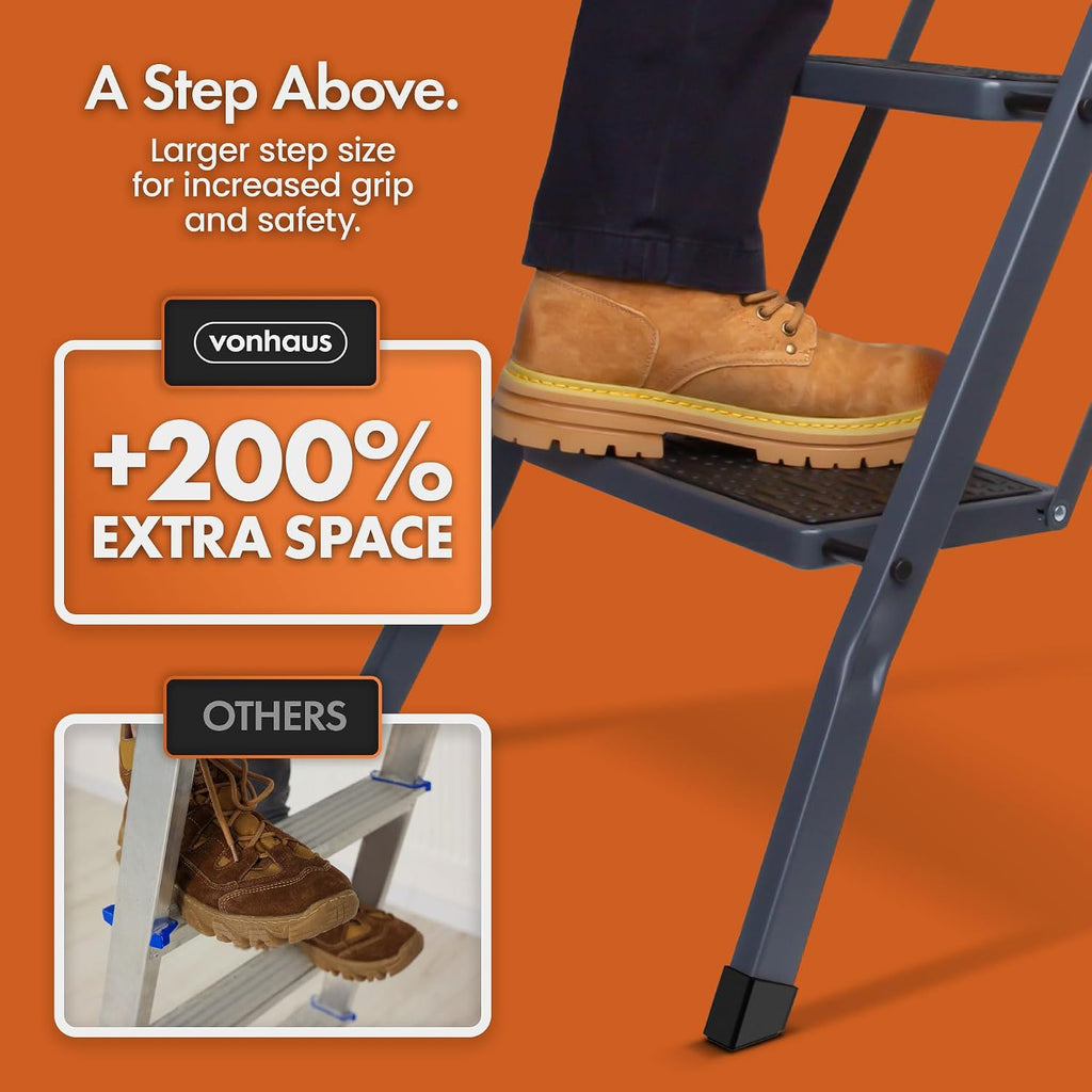 VonHaus 3 Step Ladder – Premium Quality Folding Step Ladder for DIY and Gardening - Anti Slip Feet, Easy to Store Ladder, 150KG Max Capacity - Durable Steel