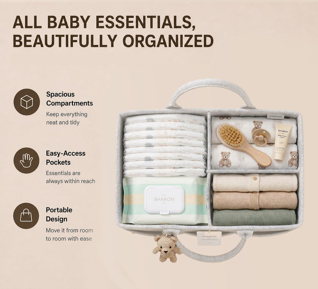 Essential Baby Caddy for Newborns. Spacious, Sturdy & Portable Diaper and Nappy Caddy for Newborn Essentials, Nursery Storage Basket & Organiser for Baby Shower Gifts & Registry Must-Haves Grey