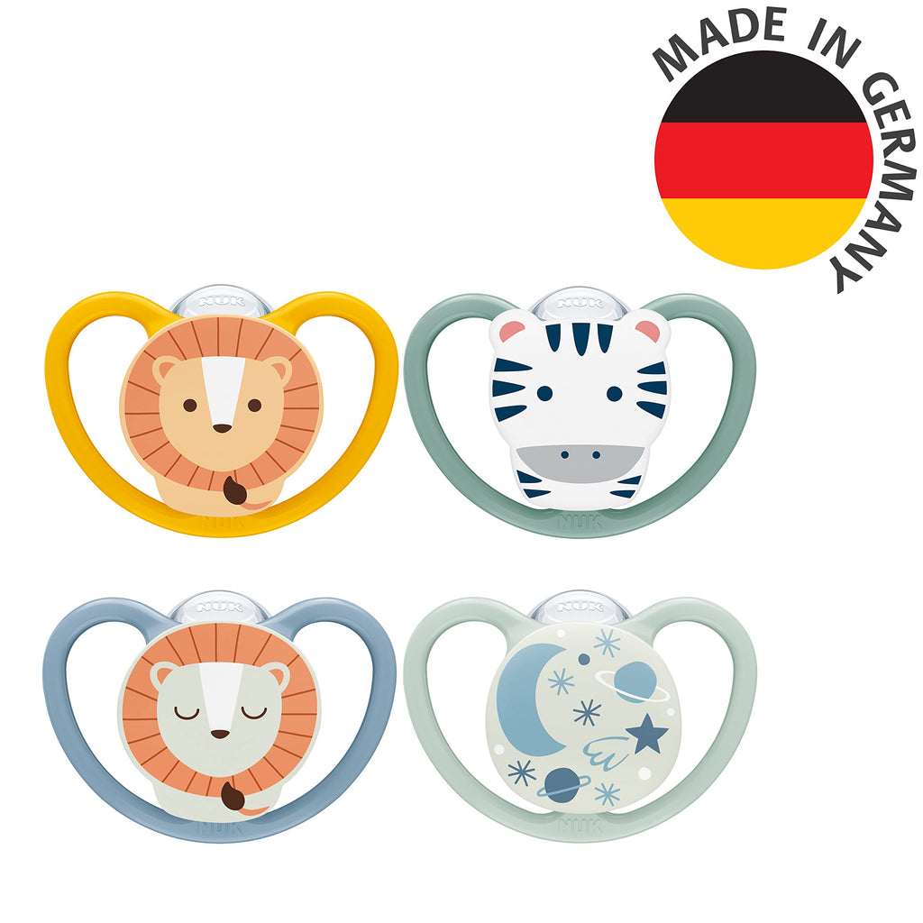 NUK Space Day & Night Baby Dummy | 6-18 Months | Glow-in-the-Dark Soothers with Extra Ventilation for Sensitive Skin | BPA-Free Silicone | Zebra & Lion | 4 Count