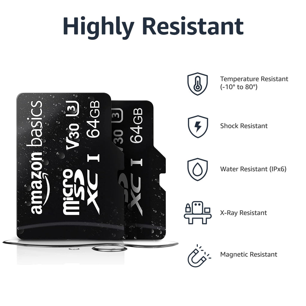 Amazon Basics microSDXC Memory Card, 64GB, A2, U3, 100MB/s Read Speed, Black, 2-Pack