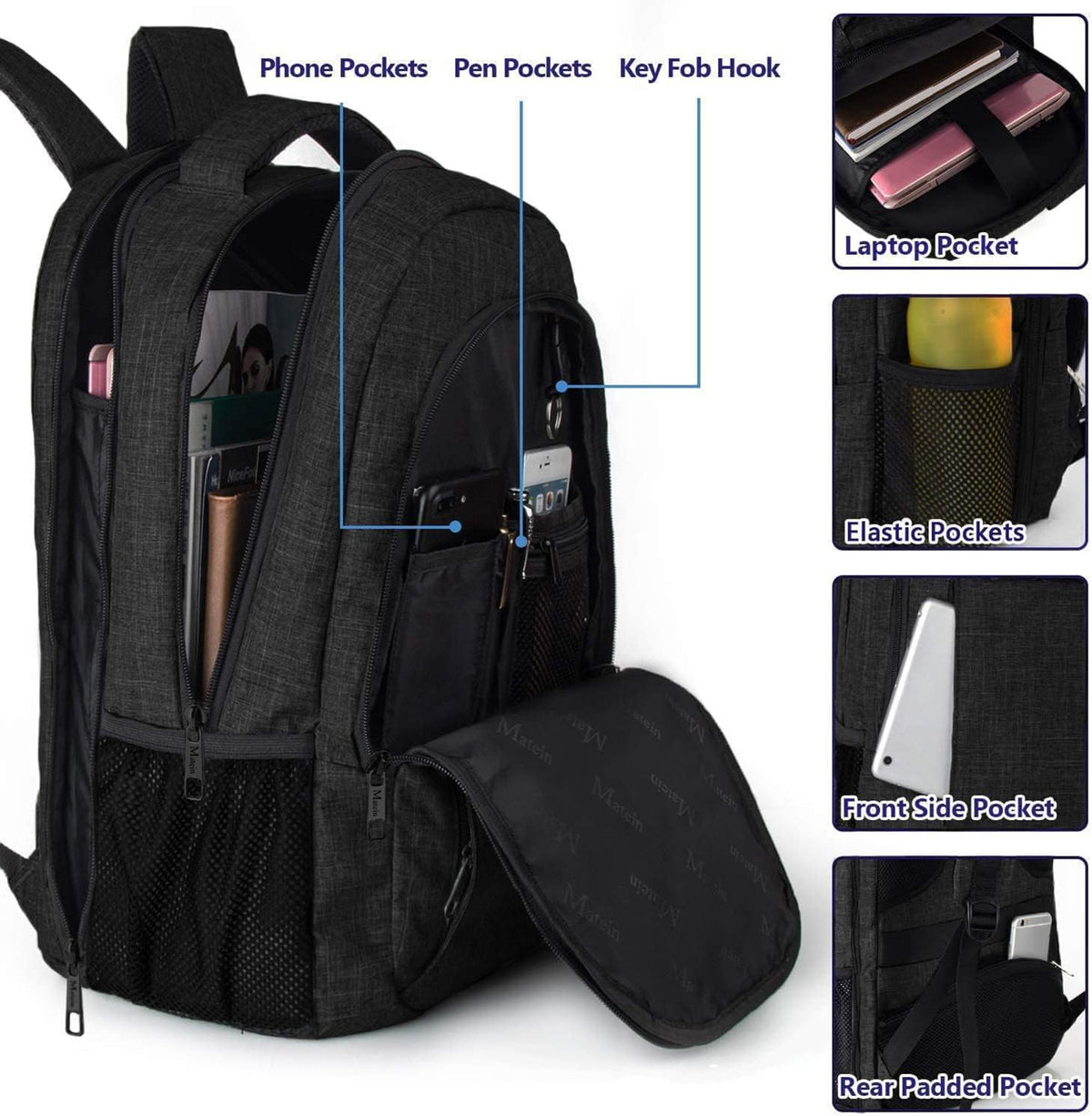 MATEIN Travel Laptop Backpack, Work Bag Lightweight Laptop Bag, Black Blue