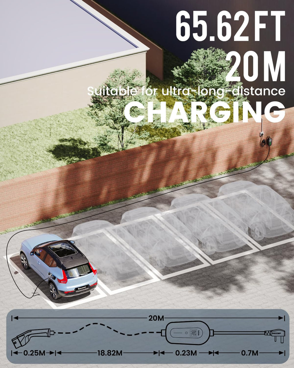 EzGoGo EV Charger 3 Pin Plug 32.81Ft/10M 3kW 6-13A Type 2 Charging Cable
