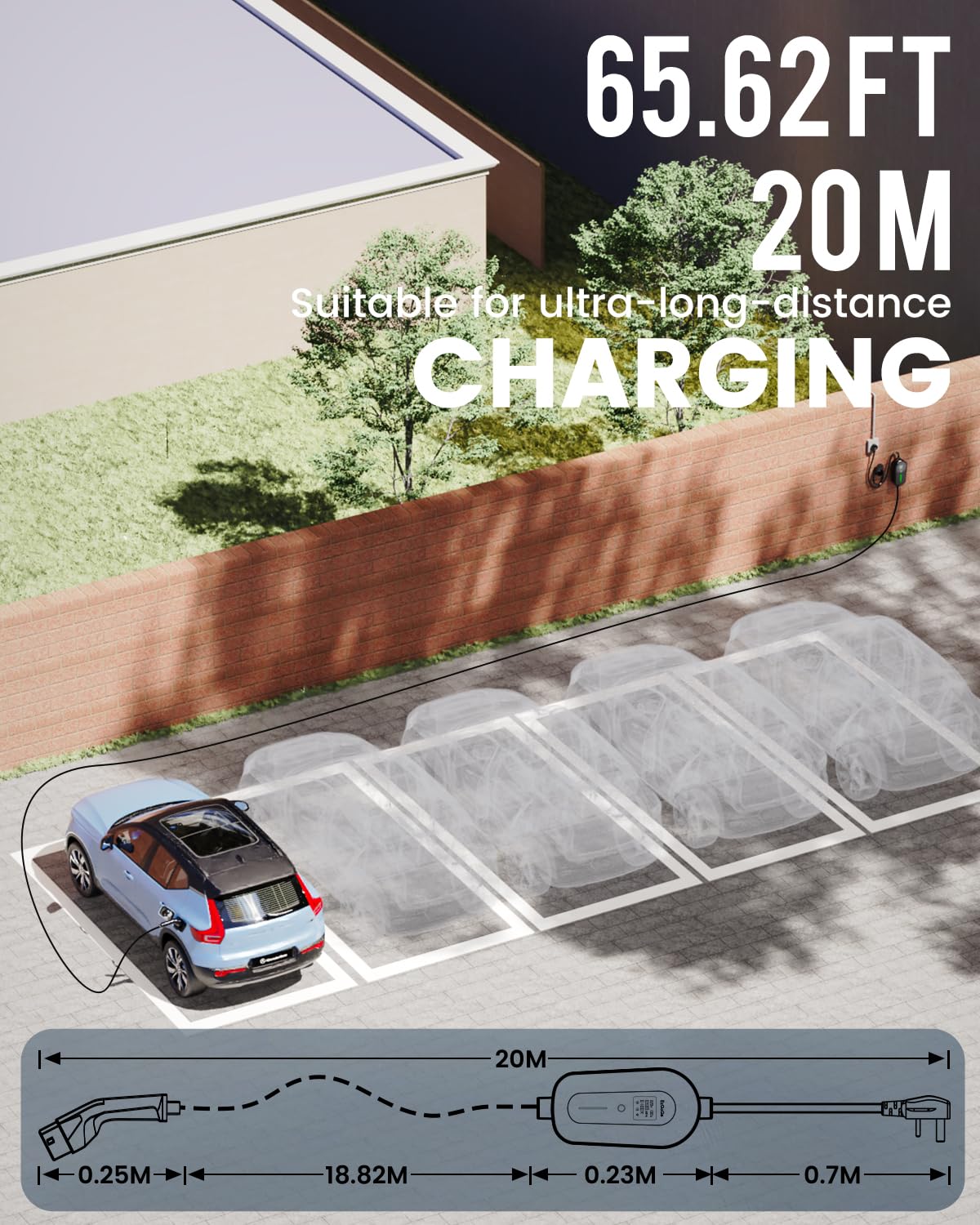 EzGoGo EV Charger 3 Pin Plug 32.81Ft/10M 3kW 6-13A Type 2 Charging Cable