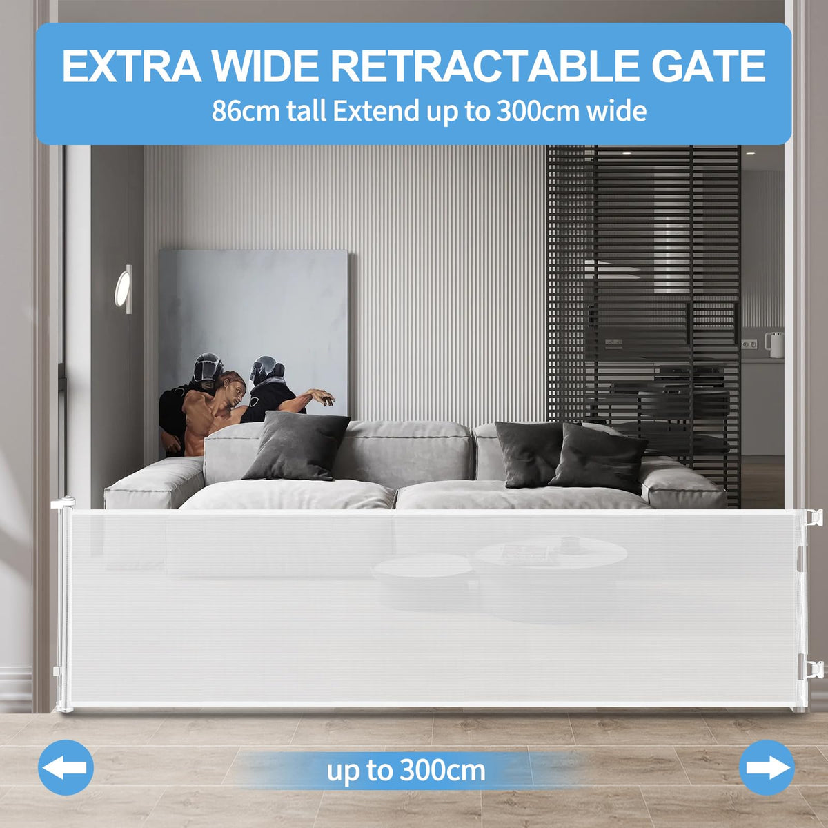 Retractable Mesh Baby & Dog Gate for Stairs, 86cm Tall x 140cm Wide, Black