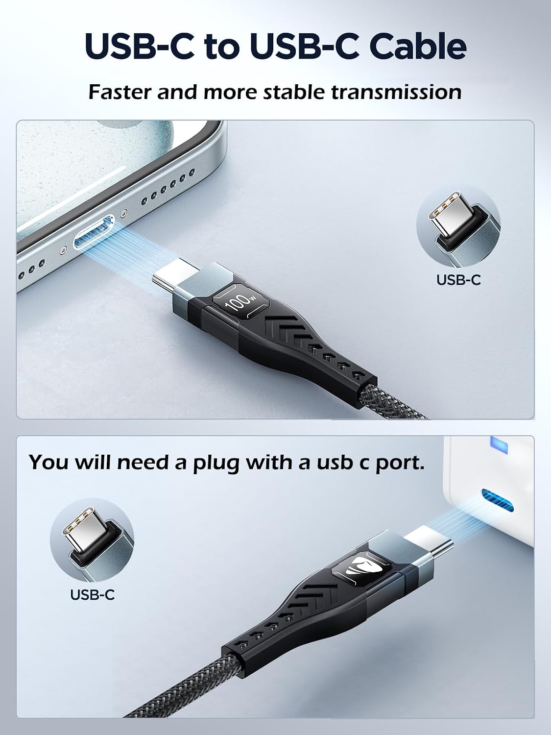100W USB C to USB C, Fast Charging Cable 3M Long Type C Cable C to C Charger Fast Charg Lead Usbc to Usbc for iPhone 16 15 Pro Max Plus MacBook iPad Pro/Air Samsung Galaxy S23/S22/S21 Google Pixel