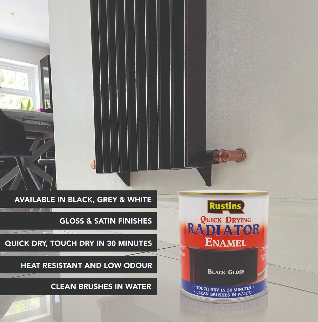 RUSTINS Quick Drying Radiator Enamel Satin - Black 250ml – Durable, Long-Lasting Finish for Radiators That Stands the Test of Time