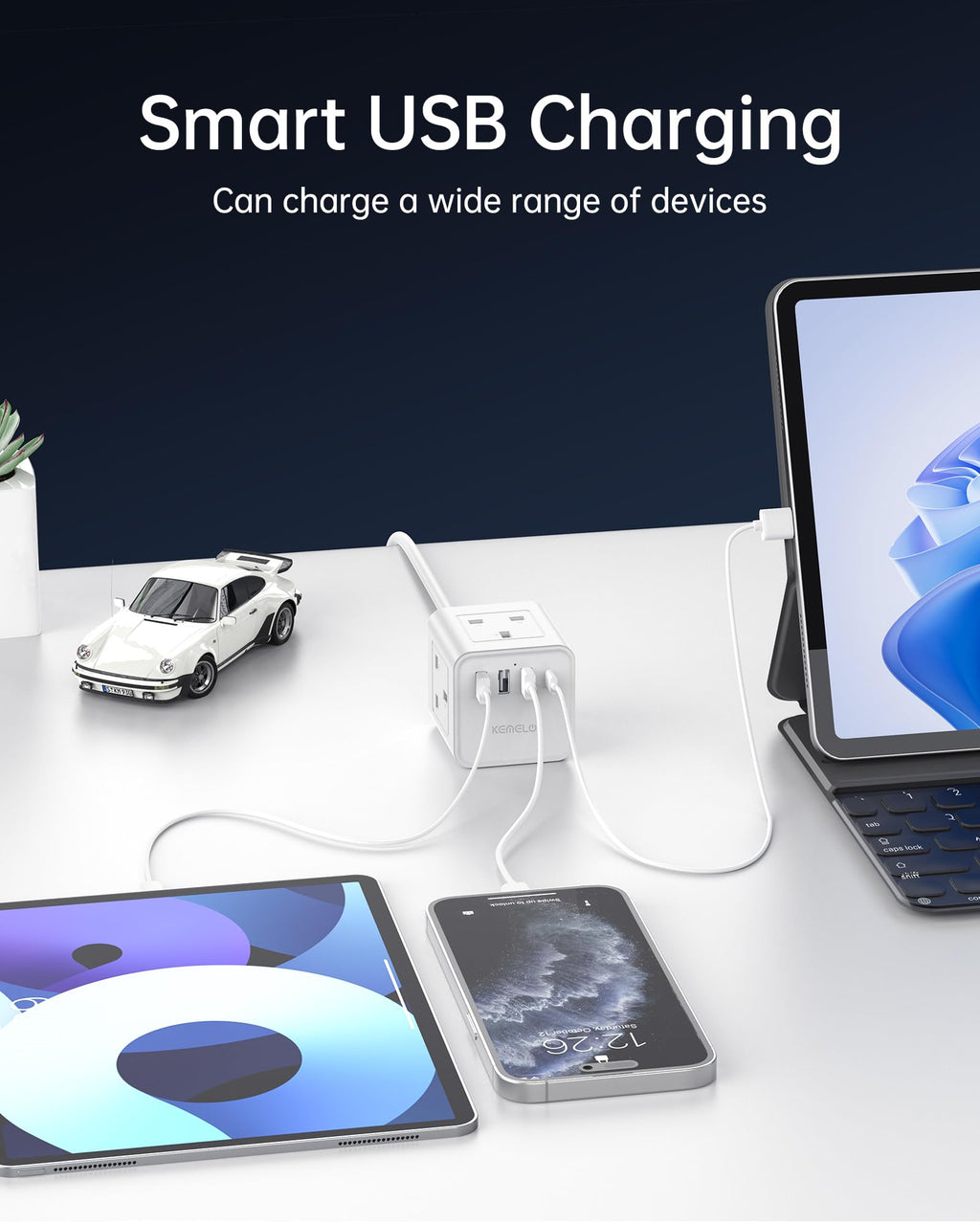 PD20W Cube Extension Lead with 4 USB Slots, Kemelo 4 Way (13A/3250W) Multi Plug Extension Cable with Child Safety UK Desktop Power Extension Socket,1.5M Extension Cords for Home Dorm Office