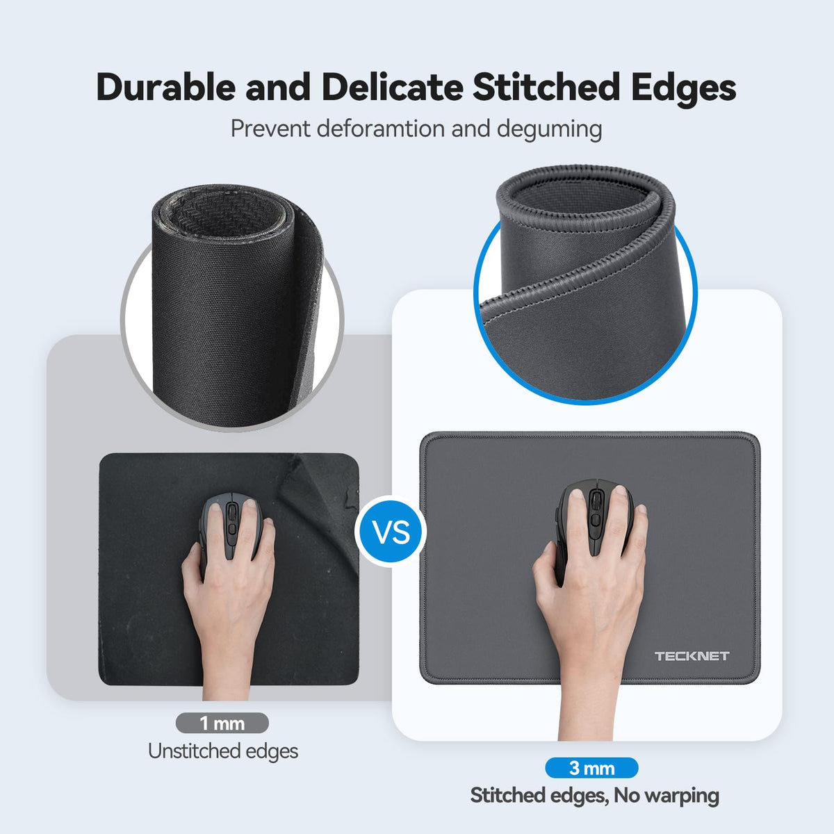 TECKNET Mouse Mat, 2 Packs with Stitched Edges, 270x210x3mm Mousepad