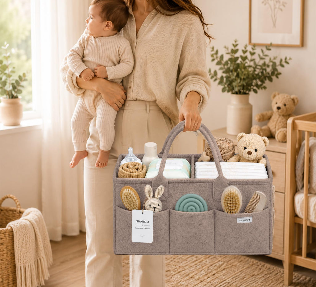 Essential Baby Caddy for Newborns. Spacious, Sturdy & Portable Diaper and Nappy Caddy for Newborn Essentials, Nursery Storage Basket & Organiser for Baby Shower Gifts & Registry Must-Haves Grey