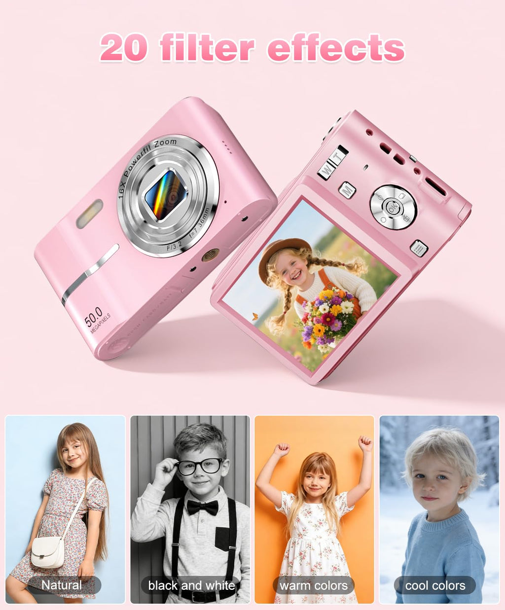 Digital Camera, 1080P FHD Vlogging Camera 50MP Compact Portable Photo Camera with 2.4" Screen, 16X Digital Zoom Mini Small Pocket Camera for Kids Students with 1 Battery, 16GB Card (Black)