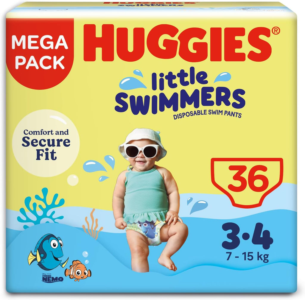 Huggies Little Swimmers, Swim Nappies - Size 3-4, 36 Baby Swim Pants - Leak Guards and Stretchy Waistband Protect Without Swelling - Tear Sides for Easy Removal