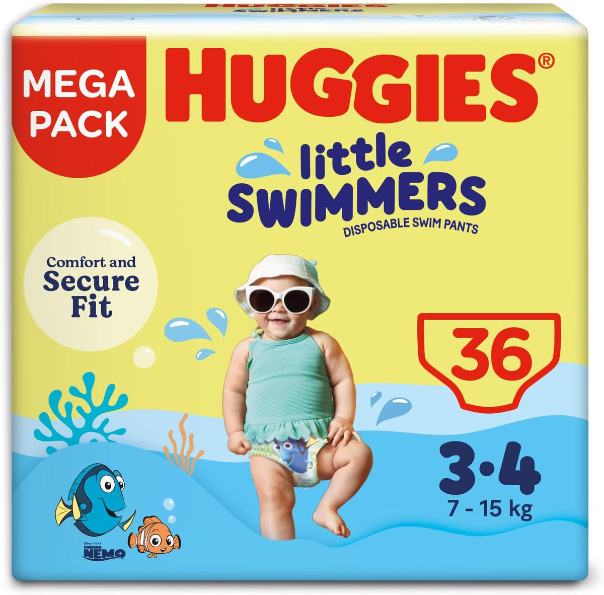 Huggies Little Swimmers, Swim Nappies - Size 3-4, 36 Baby Swim Pants - Leak Guards and Stretchy Waistband Protect Without Swelling - Tear Sides for Easy Removal