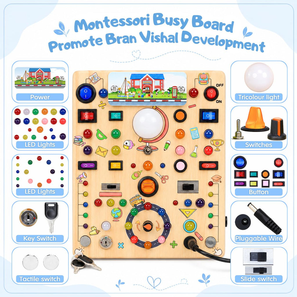 Busy Board with LED Light Switches, Montessori Toys for 1 2 3 Years Old, Toddlers Wooden Toy Sensory Activity Board, Travel Toys for 1+ Year Old Boy & Girl Birthday Gift