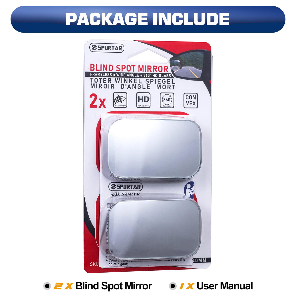 Spurtar Blind Spot Mirrors for Cars, Round Frameless 360° Rotate, 2 Pack