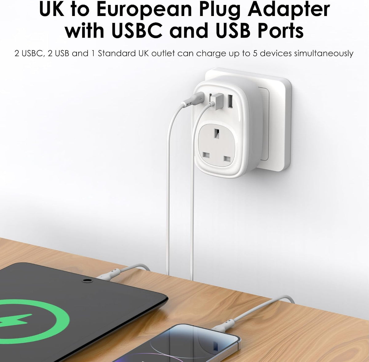 UK to European Plug Adapter - UK to EU Euro Europe Schuko 40W USB C Fast Travel Plug Adaptor Grounded USBC Type C Charger for Spain Turkey France Germany Iceland Poland Greece Russia (Type E/F)Tusreda