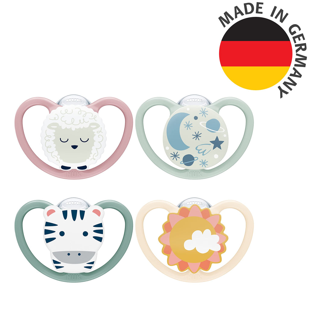 NUK Space Day & Night Baby Dummy | 6-18 Months | Glow-in-the-Dark Soothers with Extra Ventilation for Sensitive Skin | BPA-Free Silicone | Zebra & Lion | 4 Count