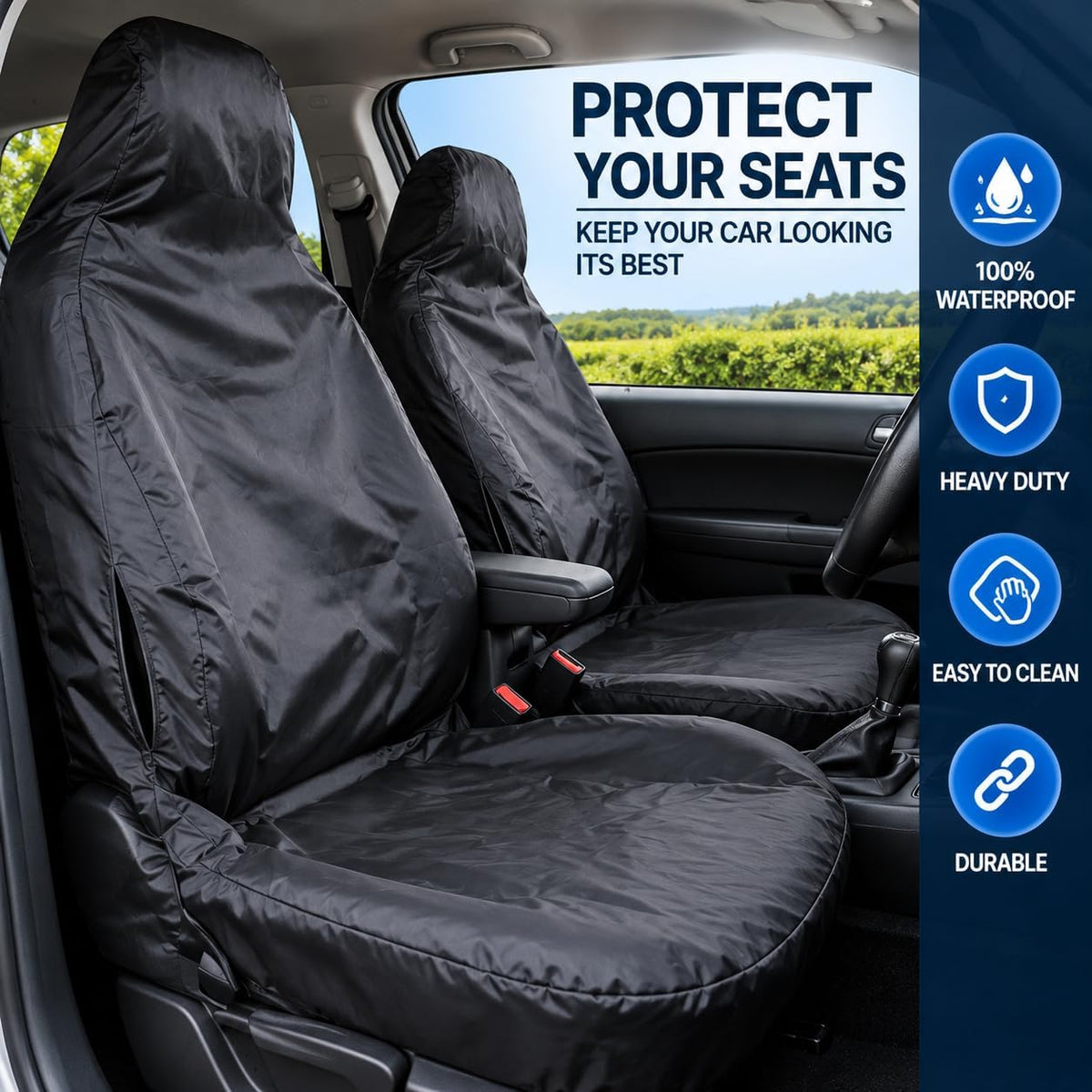 BLKWPSPFP920 Heavy Duty Black Waterproof Car Seat Covers/Protectors - 2 x Fronts
