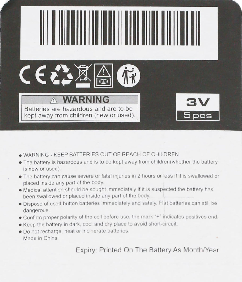 Warriors 5X CR2032 Batteries, 3V 240mAh Lithium Coin Batteries