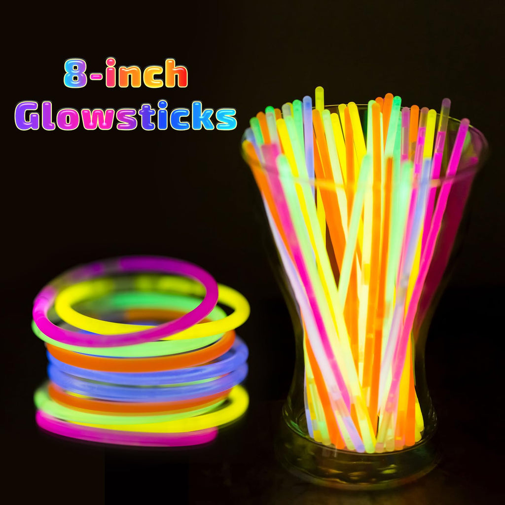 HONLYNE 100 Pack Glow Sticks Party Favors Bulk, 8" Glow in the Dark Party Supplies, Party Favors for Kids 8-12, Neon Glow Stick Bracelets & Necklaces for Raves, Halloween, Christmas, Birthdays