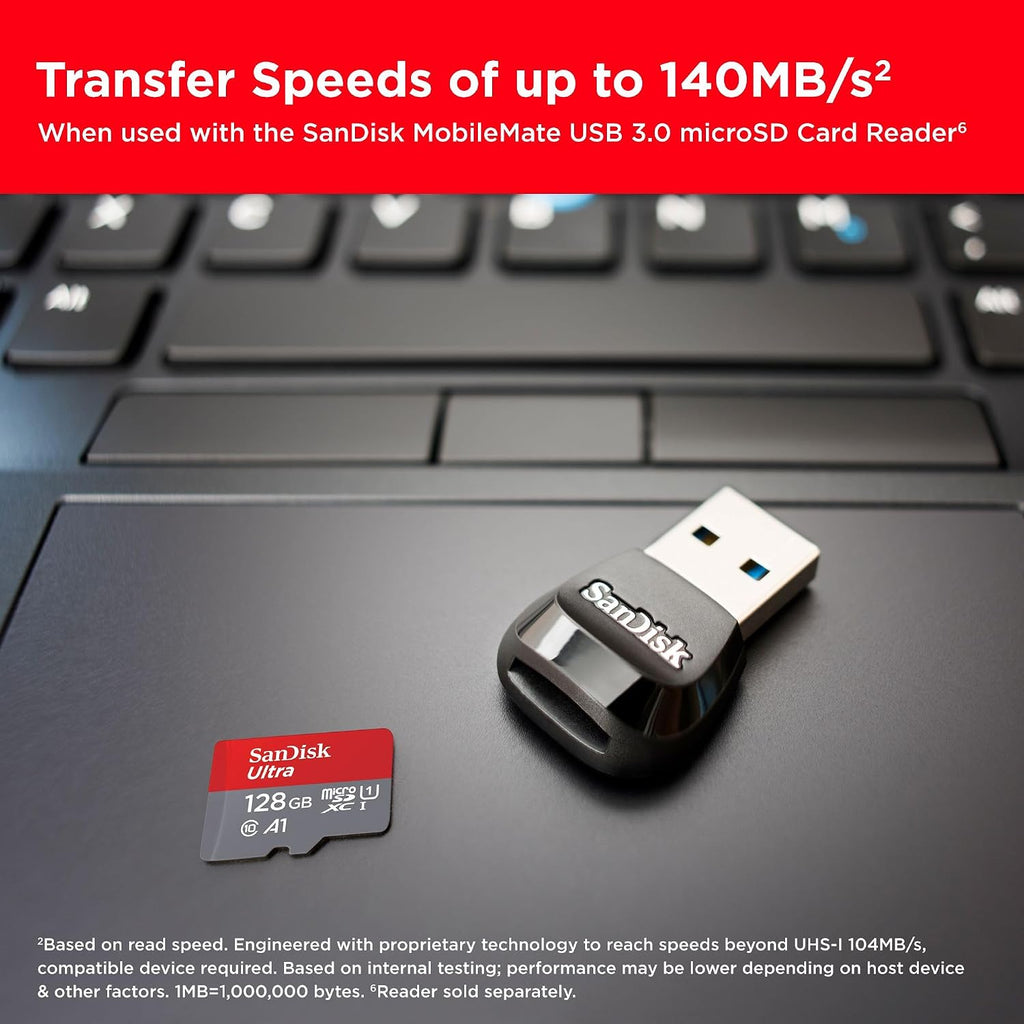 SanDisk 128GB Ultra microSDXC card + SD adapter, Memory card Full HD, up to 140 MB/s, For smartphones and Tablets, with A1 App Performance, UHS-I, Class 10, U1