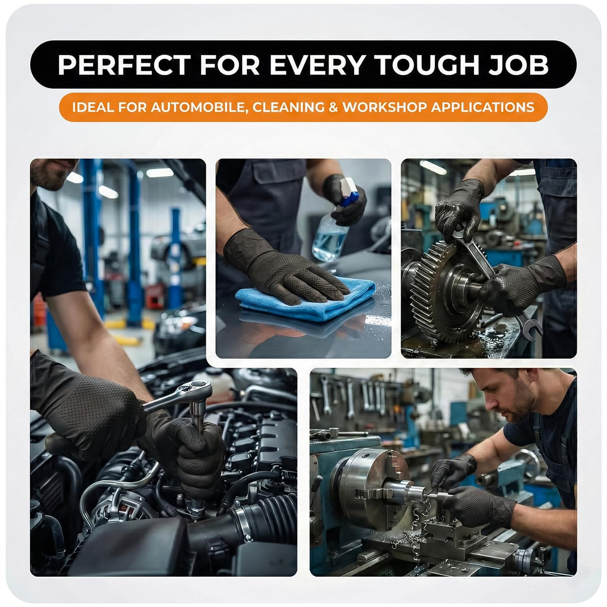 The Real Touch Nitrile Gloves, 50 Count, Heavy-Duty Disposable Mechanic Gloves, Diamond Textured, Latex & Powder-Free, Non-Slip, Extra Thick, Ideal for Automotive, Industrial Tasks (Black - 50, L)