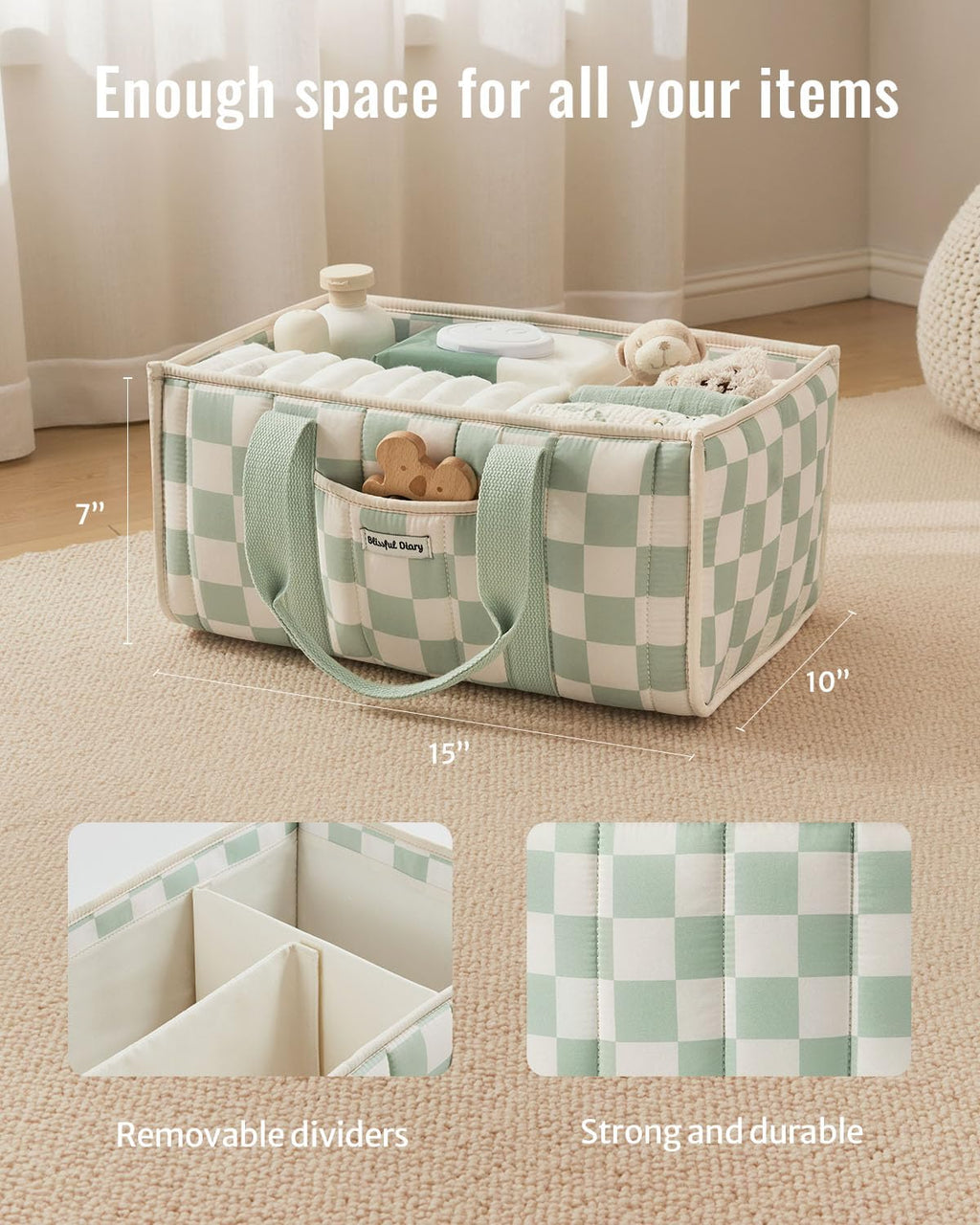 Blissful Diary Nappy Caddy Organiser, Baby Diaper Caddy for Nappy Station, Stylish Storage Basket for Newborn Essentials, Baby Shower Gifts for Girl or Boy, Sage Green