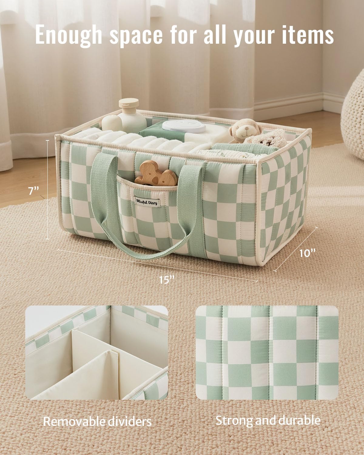 Blissful Diary Nappy Caddy Organiser, Baby Diaper Caddy for Nappy Station, Stylish Storage Basket for Newborn Essentials, Baby Shower Gifts for Girl or Boy, Sage Green